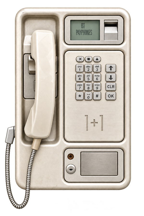 Cream payphone with a coiled metal cord and the 1+1 logo on its keypad