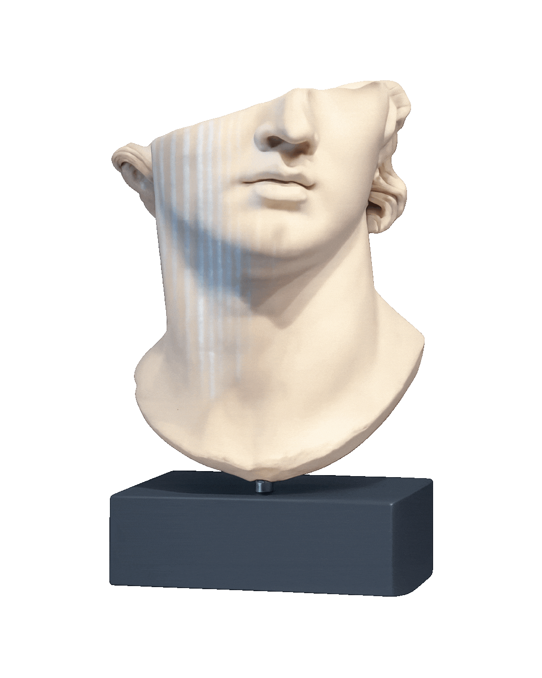 Classical Greek sculpture of a fragmented head, crossed by a projection of digital light